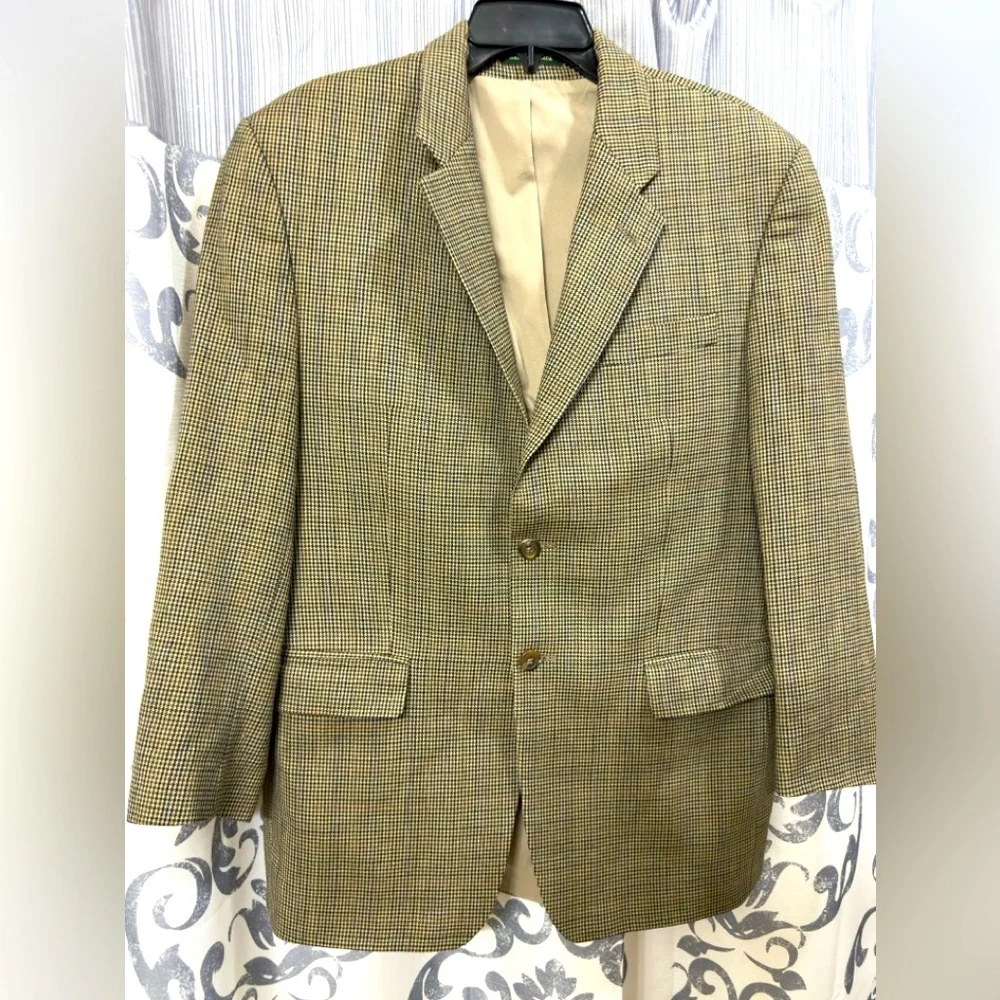 Vtg Ralph Lauren Men's Woolmark Sport Jacket Tan Houndstooth Tweed Blazer Sz 40R